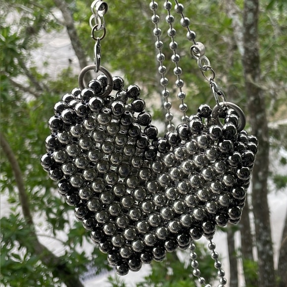 Handmade Metal Beaded Heart Bag | Ball Chain Purse | Statement Mini Crossbody - Picture 3 of 4
